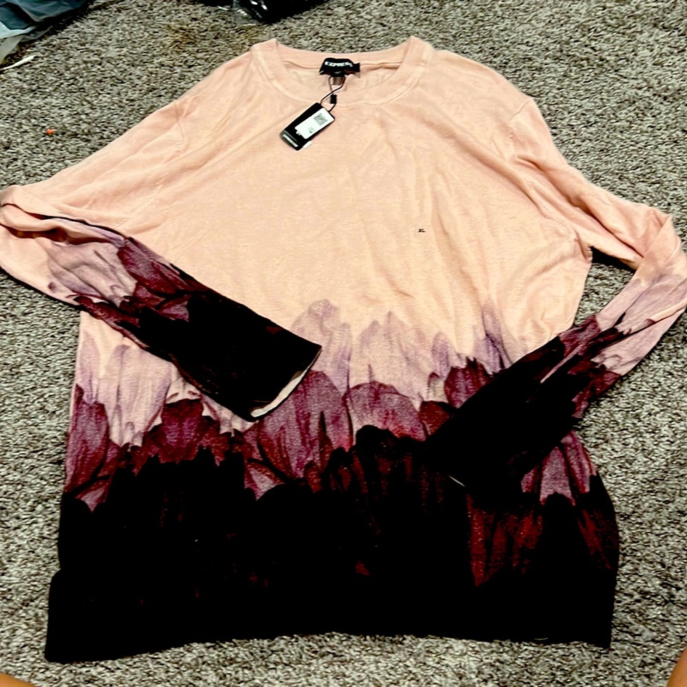 Express modal silk slim fit soft crew neck gradient floral tulip print sweater